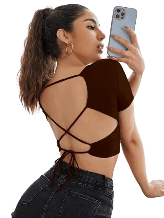 Brown Back Tie Backless Crop Top