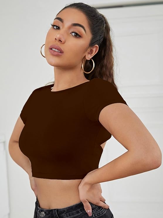Brown Back Tie Backless Crop Top