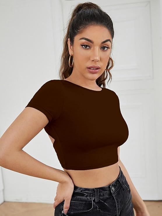 Brown Back Tie Backless Crop Top