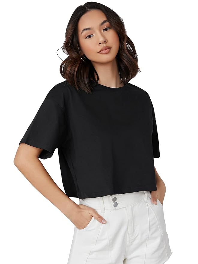 Women Solid Round Neck Cotton Blend T-Shirt