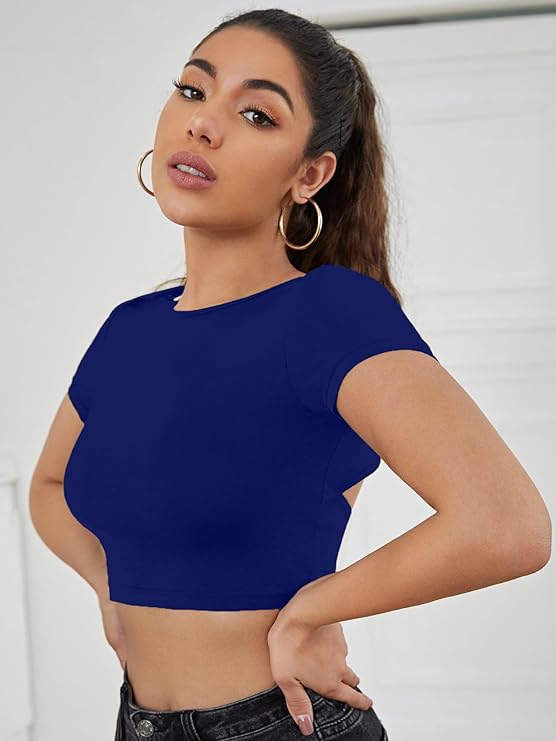 Blue Back Tie Backless Crop Top