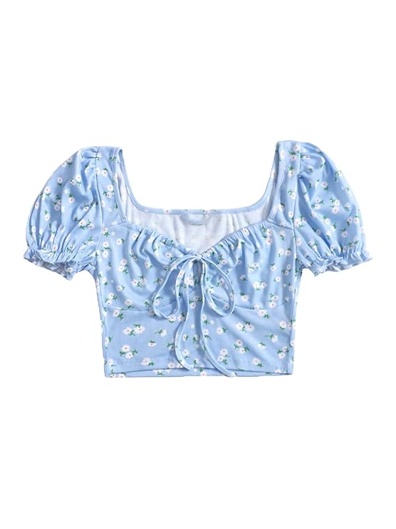 Puff Sleeves Floral Print Crop Top For Women