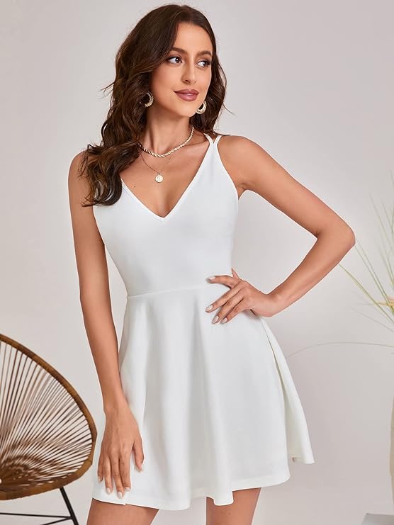 Women's Solid Crisscross Backless Fit and Flare Mini Dress
