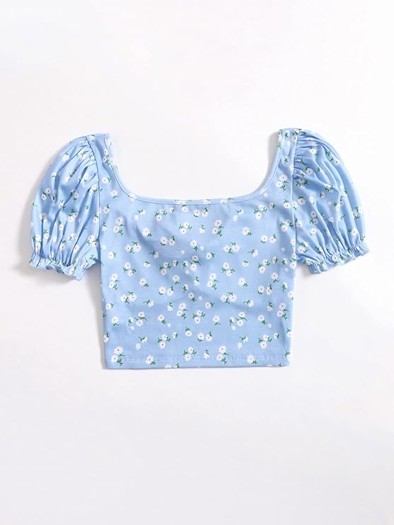 Puff Sleeves Floral Print Crop Top For Women