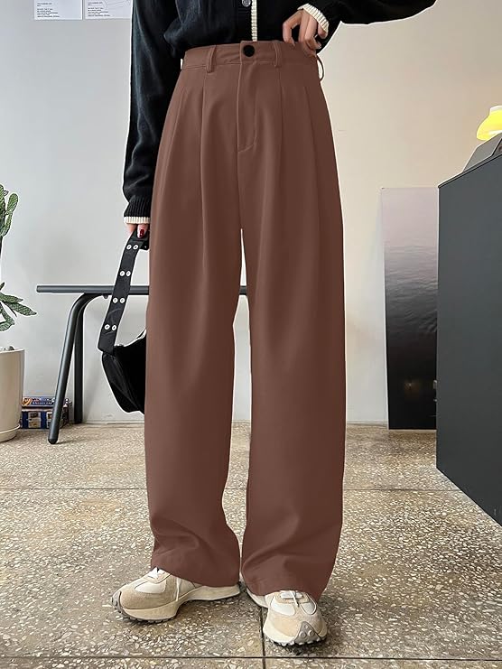 Women Straight Fit Brown Polyester Trousers