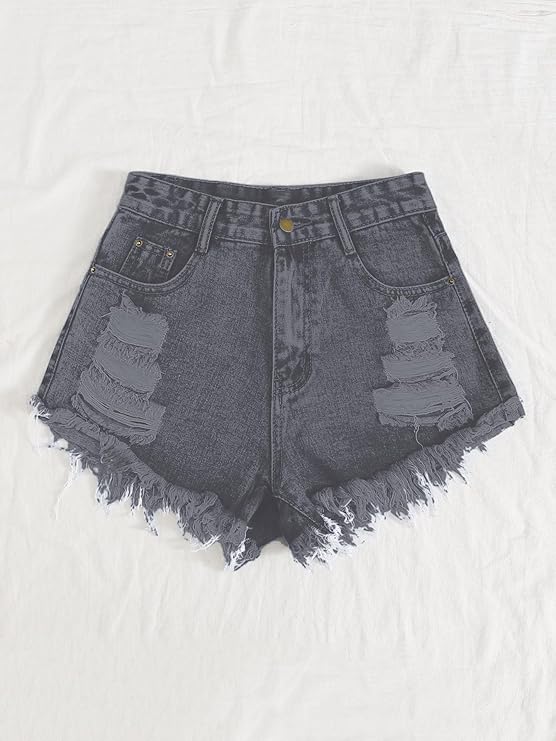 Women's Solid Raw Hem Ripped Denim Shorts - Grey