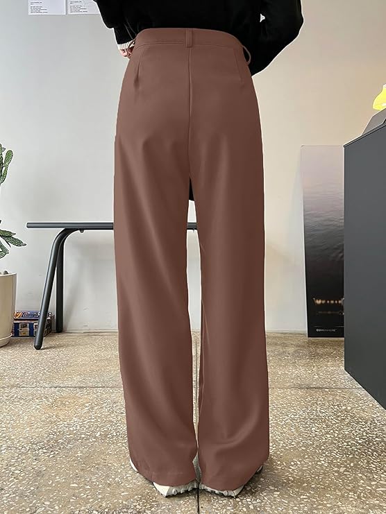 Women Straight Fit Brown Polyester Trousers