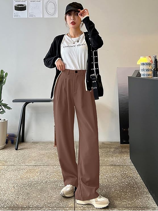 Women Straight Fit Brown Polyester Trousers
