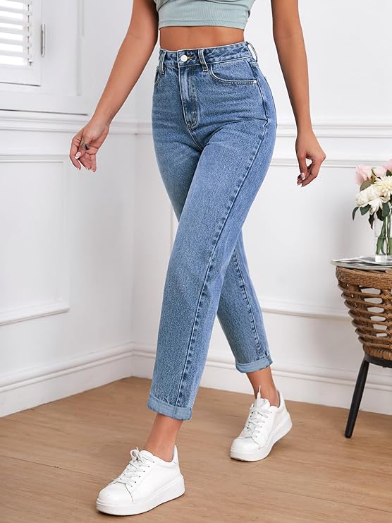 Women Mom Fit High Rise Clean Look Cotton Denim Jeans