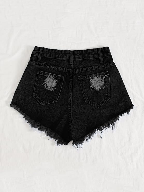 Women's Solid Raw Hem Ripped Denim Shorts - Black