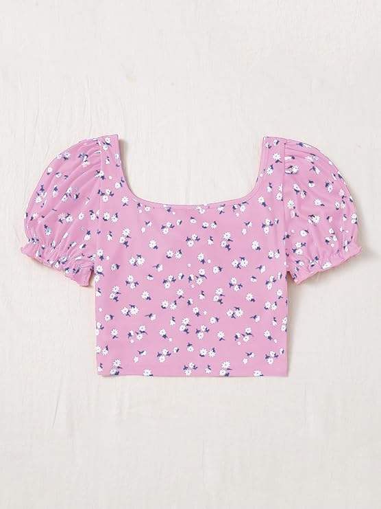 Puff Sleeves Floral Print Crop Top For Women