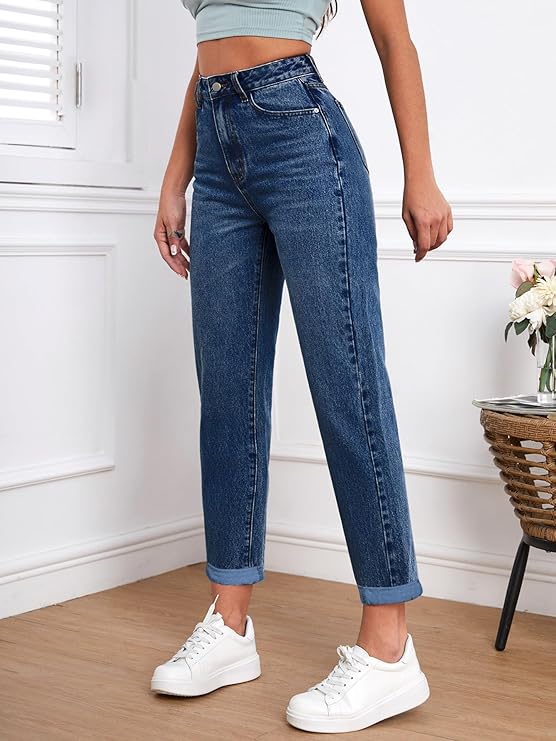 Women Mom Fit High Rise Clean Look Cotton Denim Jeans
