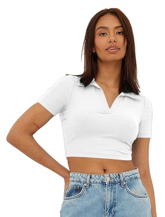 Women's V-Collar Rib-knit Solid Crop Top