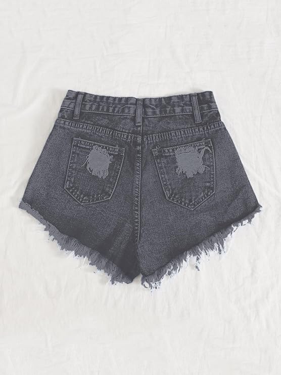 Women's Solid Raw Hem Ripped Denim Shorts - Grey