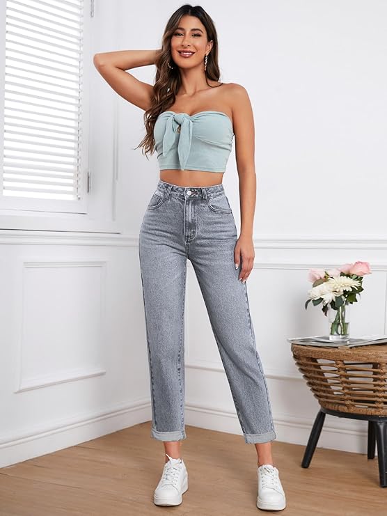 Women Mom Fit High Rise Clean Look Cotton Denim Jeans