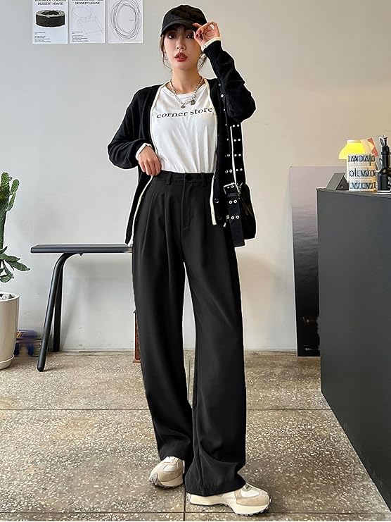 Women Straight Fit Black Polyester Trousers