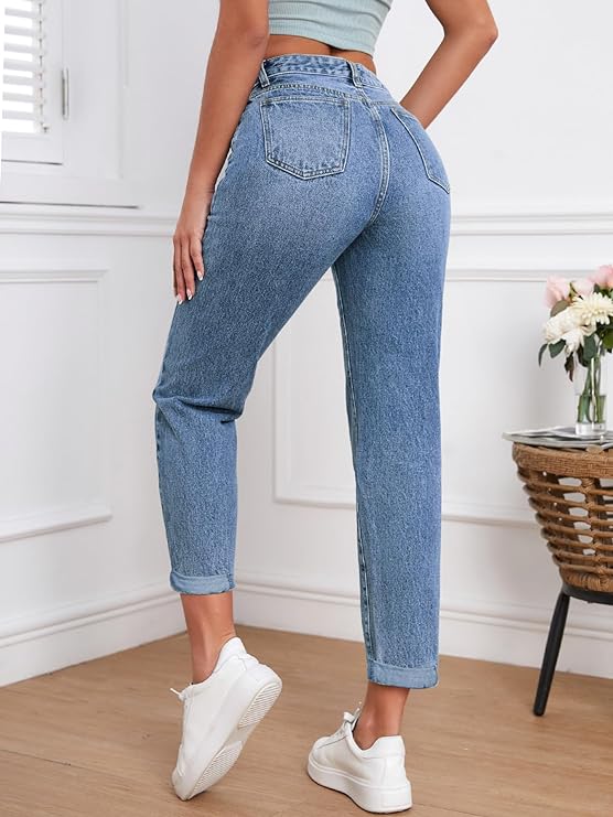 Women Mom Fit High Rise Clean Look Cotton Denim Jeans