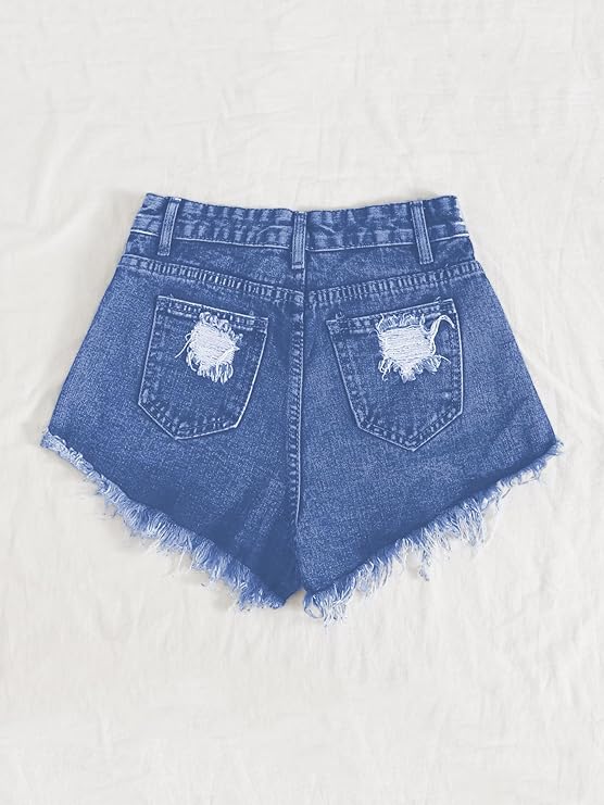Women's Solid Raw Hem Ripped Denim Shorts - Light Blue