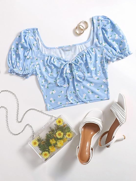 Puff Sleeves Floral Print Crop Top For Women