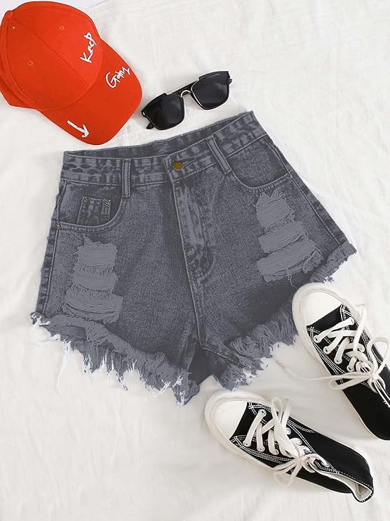 Women's Solid Raw Hem Ripped Denim Shorts - Grey