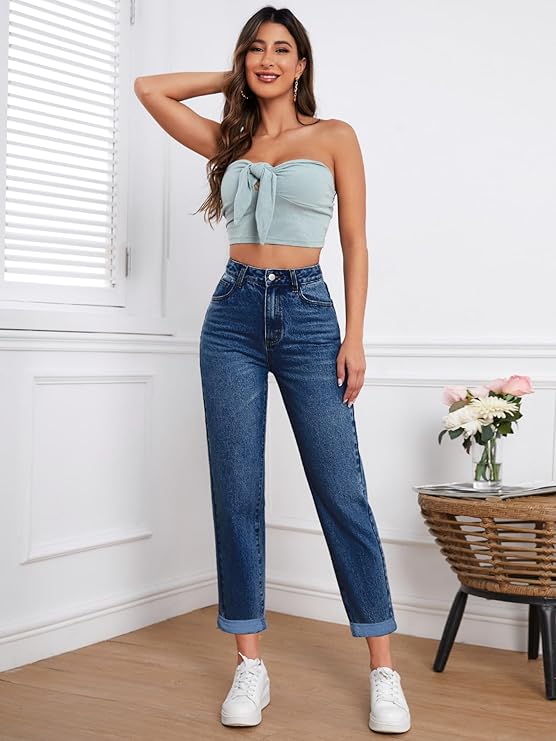 Women Mom Fit High Rise Clean Look Cotton Denim Jeans