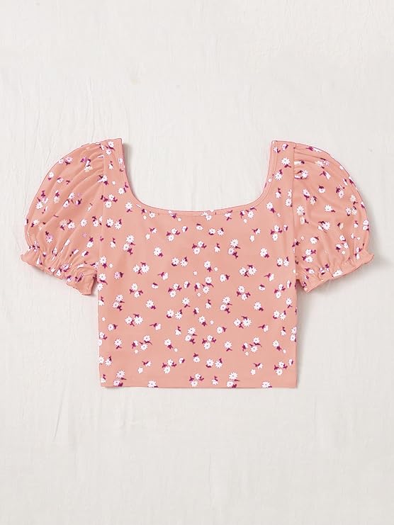 Puff Sleeves Floral Print Crop Top For Women
