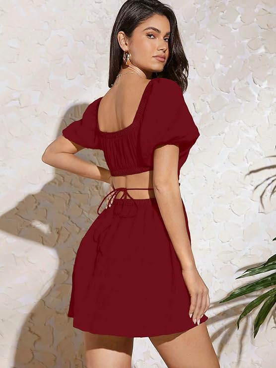 Women Maroon Smocked Mini Fit & Flare Dress