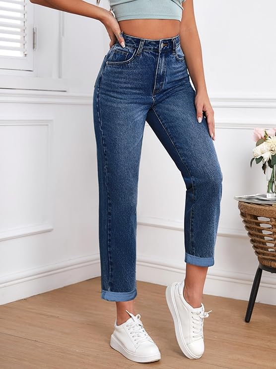 Women Mom Fit High Rise Clean Look Cotton Denim Jeans