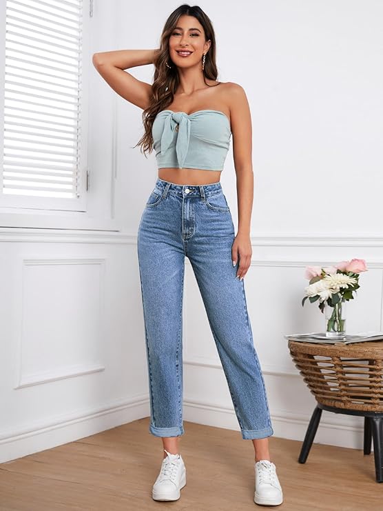 Women Mom Fit High Rise Clean Look Cotton Denim Jeans