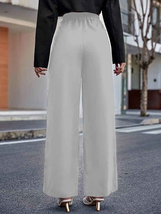 Women Relaxed Gray Polyester Trousers