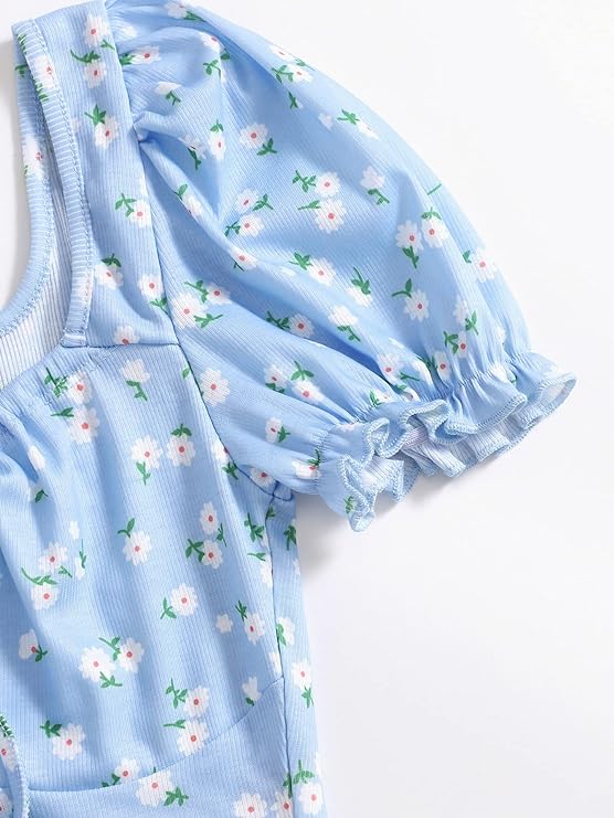 Puff Sleeves Floral Print Crop Top For Women