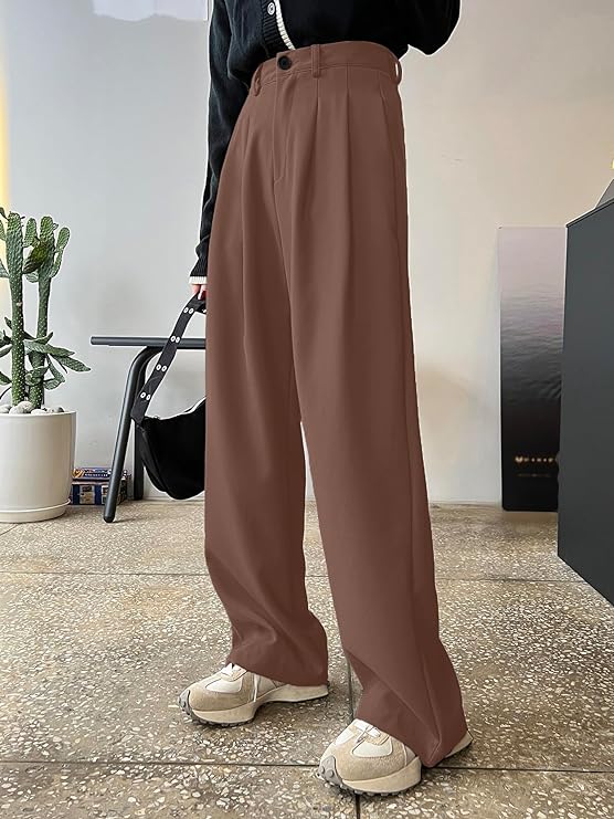 Women Straight Fit Brown Polyester Trousers