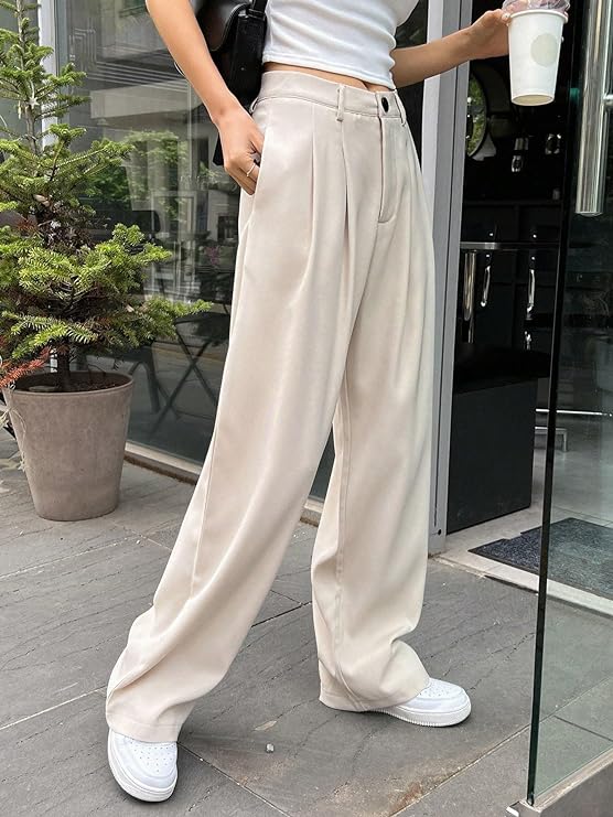 Women Straight Fit Beige Polyester Trousers