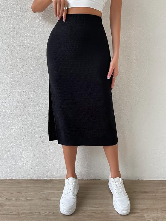 Women Solid Pencil Black Skirt