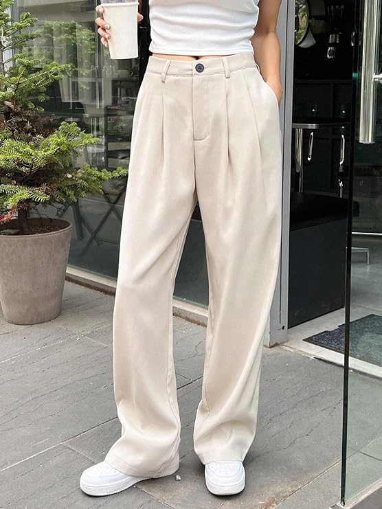 Women Straight Fit Beige Polyester Trousers