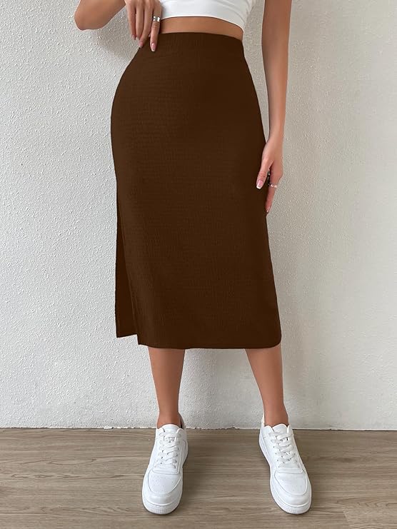 Women Solid Pencil Brown Skirt