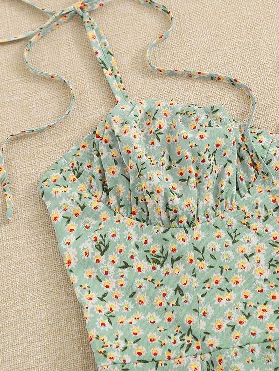 Women's Green Ditsy Floral Print Flared Mini Short Dress