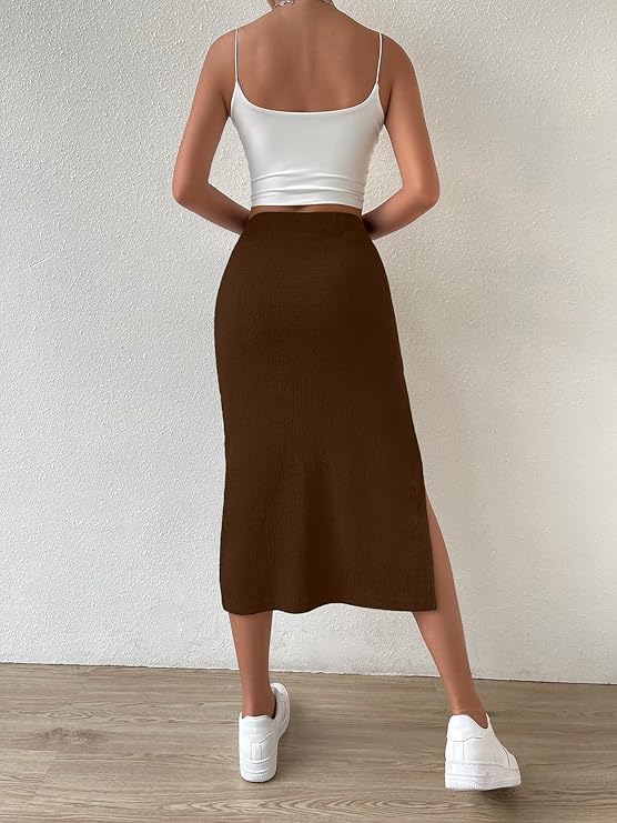 Women Solid Pencil Brown Skirt