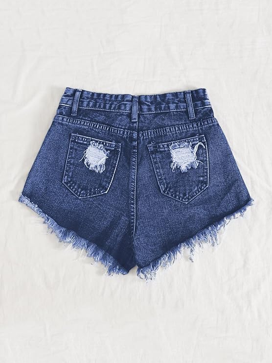 Women's Solid Raw Hem Ripped Denim Shorts - Blue