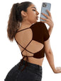 Brown Back Tie Backless Crop Top