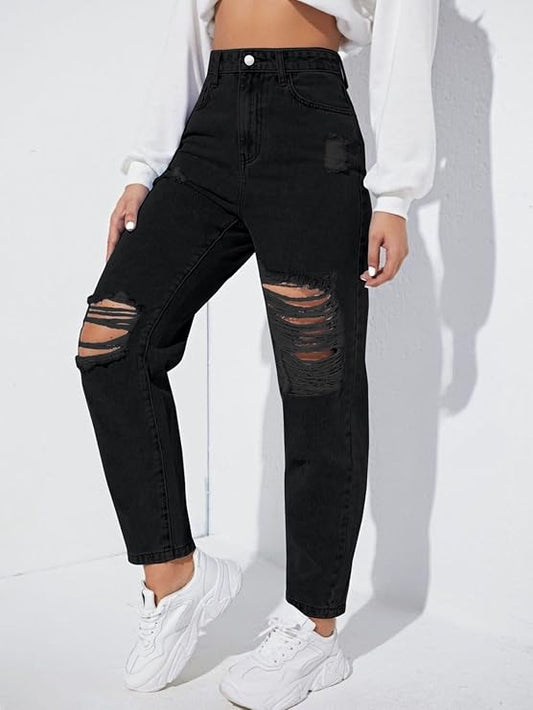 Women's Solid High Waist Ripped Distressed Mom Fit Denim Jeans