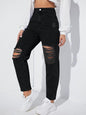 Women's Solid High Waist Ripped Distressed Mom Fit Denim Jeans