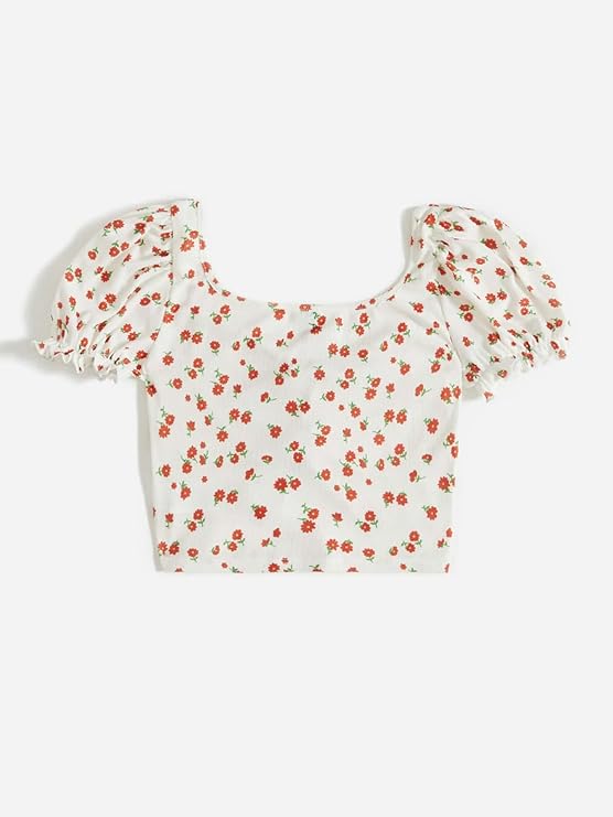 Puff Sleeves Floral Print Crop Top For Women