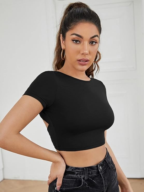 Black Back Tie Backless Crop Top