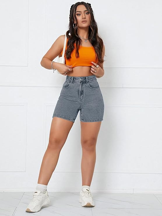 Solid Women Grey Denim Shorts
