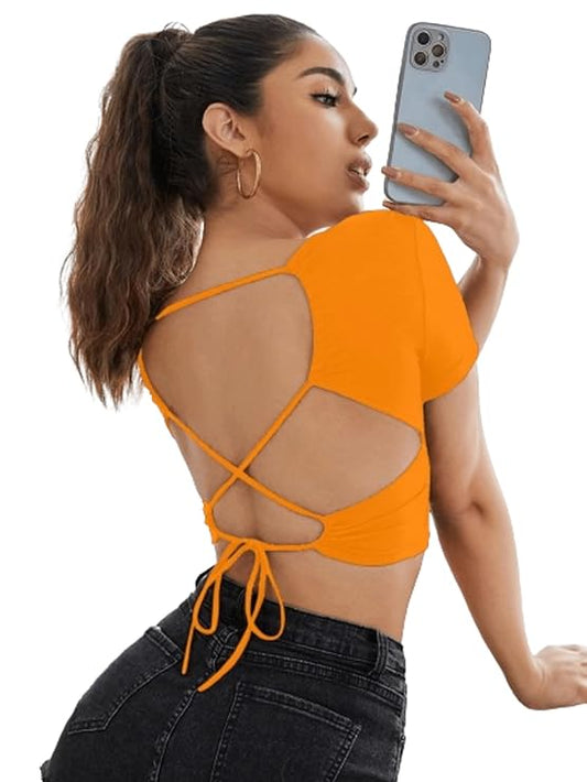 Orange Back Tie Backless Crop Top