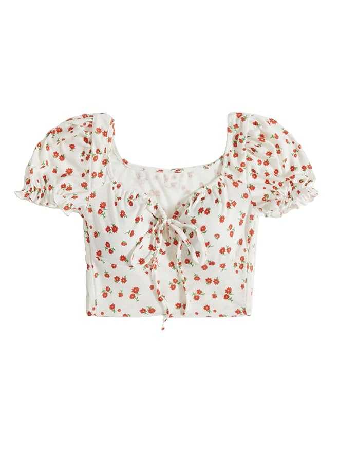 Puff Sleeves Floral Print Crop Top For Women
