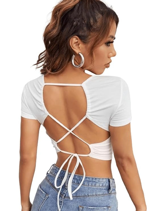 White Back Tie Backless Crop Top