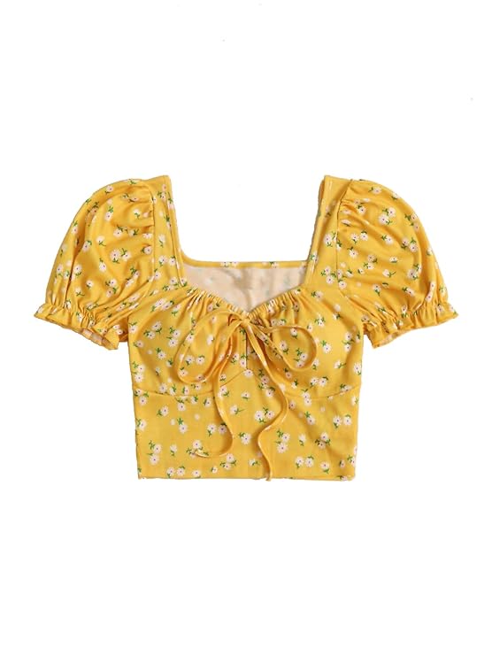 Puff Sleeves Floral Print Crop Top For Women