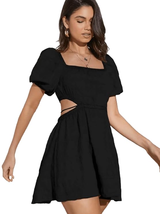 Women Black Smocked Mini Fit & Flare Dress